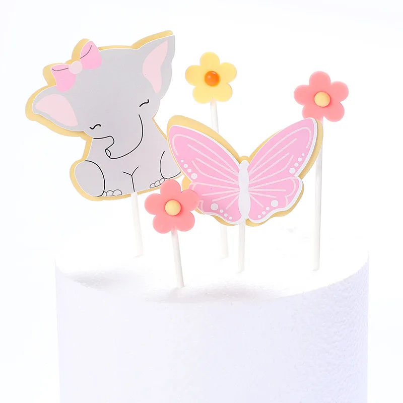 1 Set Lovely Elephant Charming Butterfly Flower Theme Cake Topper Child Boy Girl Happy Birthday Cartoon Animal Cake Decorations