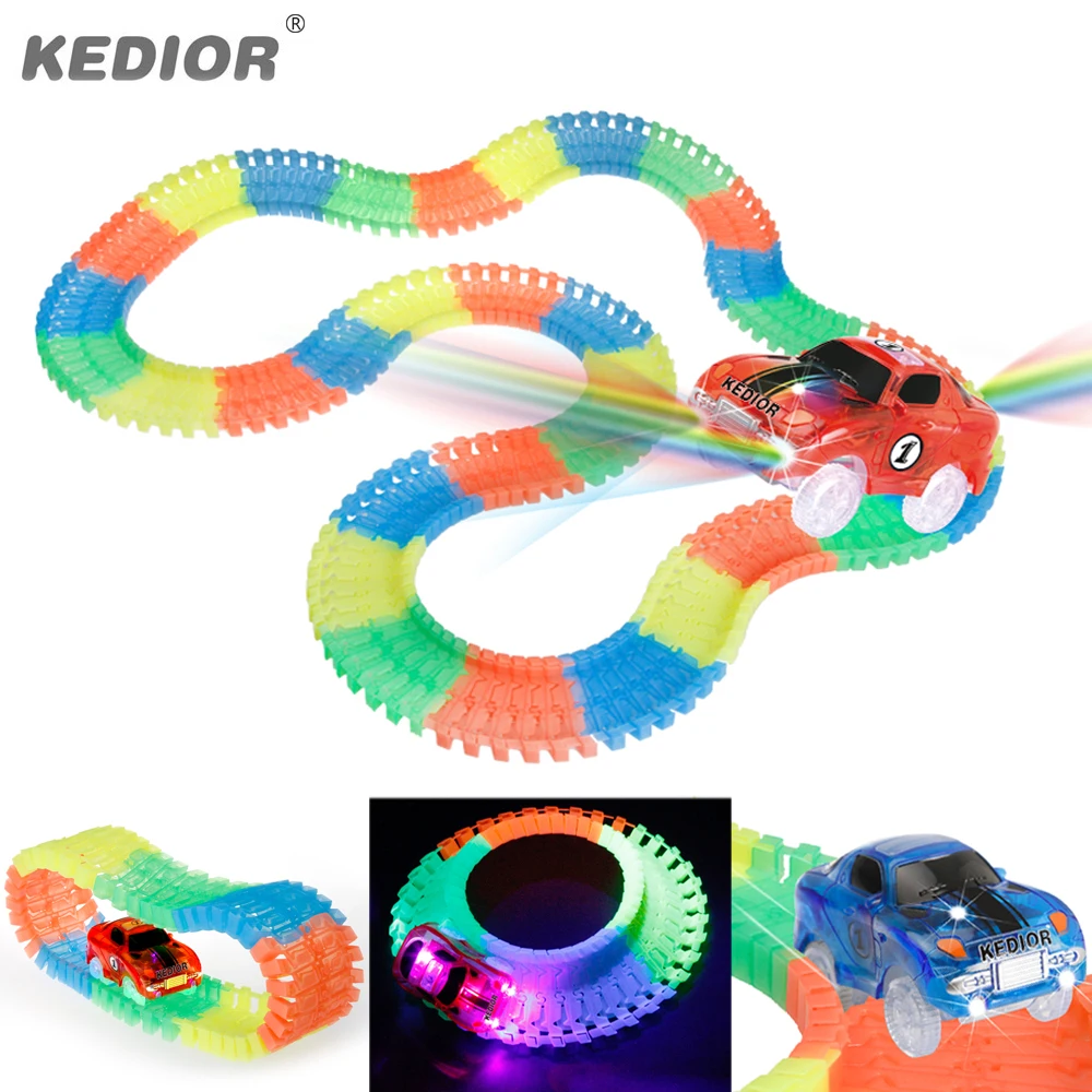 

Car Race Track Bend Flex Glow in the Dark DIY Assembly Toy Plastic Race Track Toy Car with 5 LED Flashing Lights