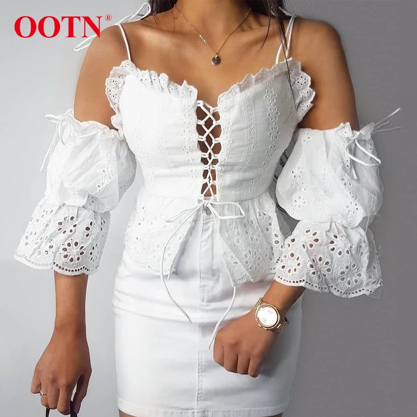 

OOTN Embroidery White Blouse Spaghetti Strap Sleeveless Tops Hollow Out Lace Up Puff Sleeve Sexy Crop Top Women Summer Shirt