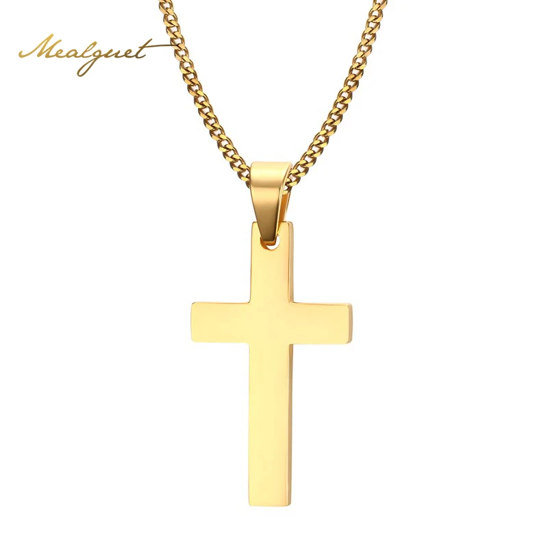Meaeguet Cross Necklaces&Pendants For Men Stainless Steel 18K Gold Plated Male Pendant Necklaces Prayer Jewelry