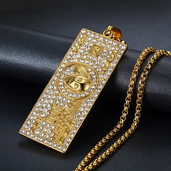

Stainless Steel/Gold Color US $100 Dollar Money Necklace & Pendant For Women/Men Hip Hop Iced Out Full Rhinestone Bling Jewelry