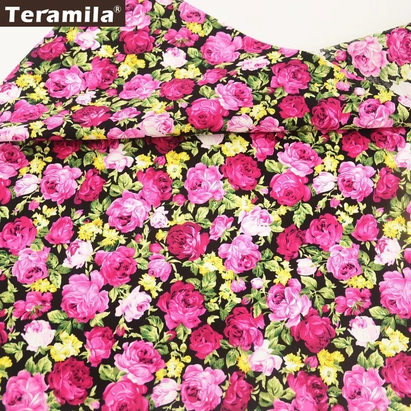 Teramila Cotton Poplin Fabric Fat Quarter Meter Quilting Printed Pink Blooming Rose Design Dress Shirt Decoration Cloth Sewing|cotton poplin
