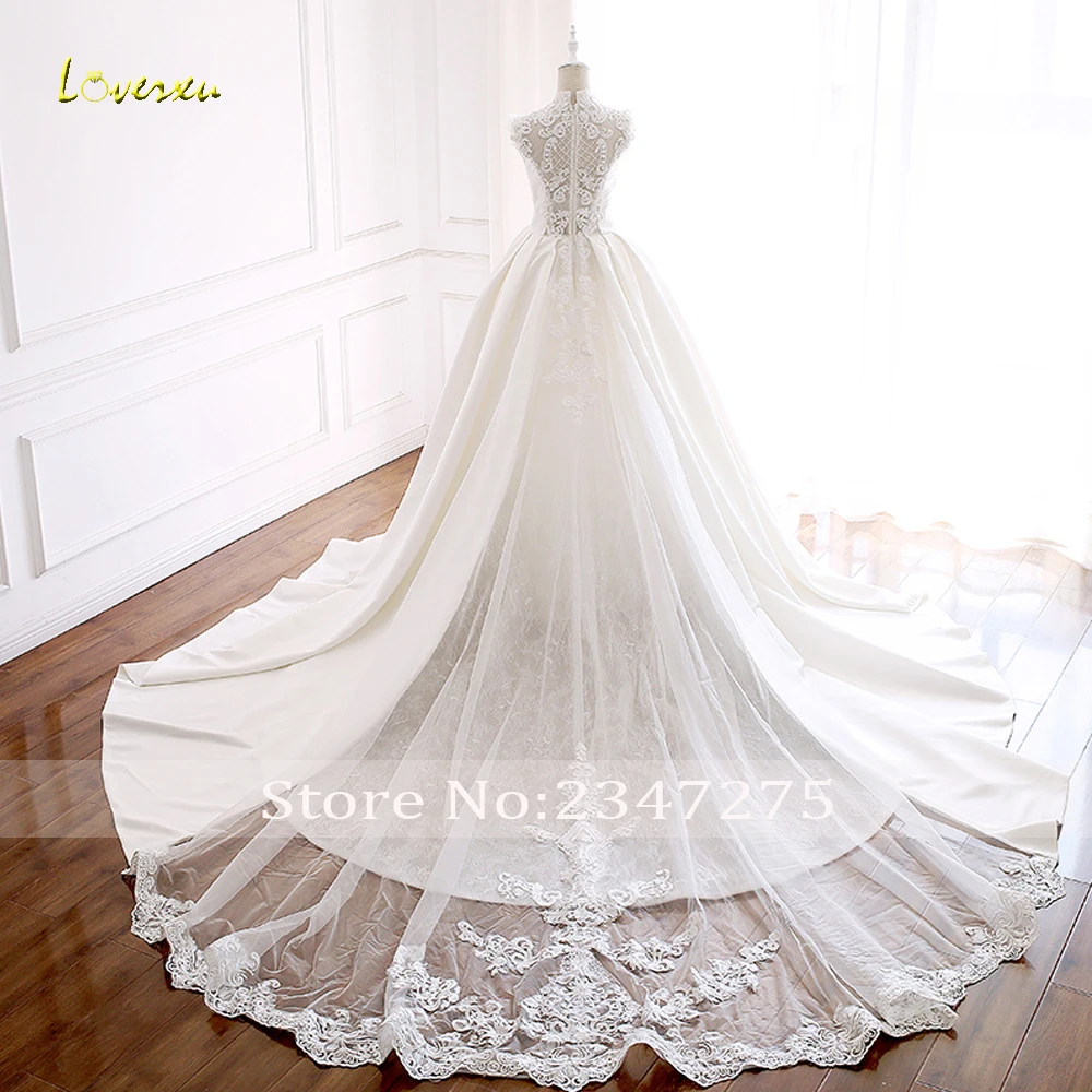 Loverxu Vestido De Noiva высокое бальное платье с круглым вырезом Свадебное платье Аппликации Часовня Поезд вырез ДРАПИРОВАННОЕ атласное винтажное свадебное платье