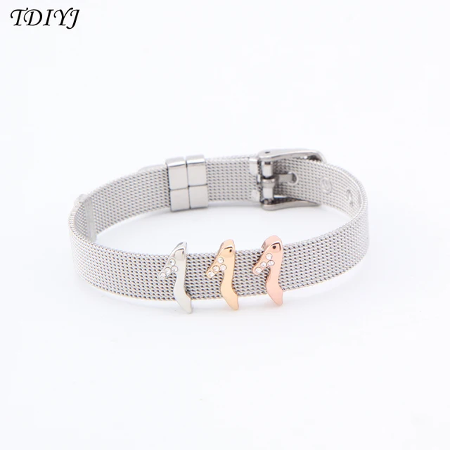 Tdiyj Love Ping Charms Crystal Lady High Heel Keeper Slide Tdiyj Love Ping Charms Crystal Lady High Heel Keeper Slide With Silver Mesh Bracelet For