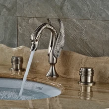 2016 Swan Shape Bathroom Sink Basin Faucet Widespread Nickel Brushed Hot and Cold Water Taps