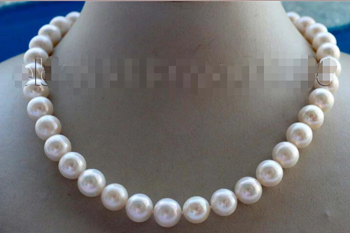 

FREE SHIPPING 17.5" Genuine Natural 12mm White Round Pearl Necklace 9k zircon #f1945!