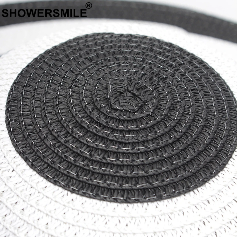 SHOWERSMILE, женские соломенные шляпы, полосатые, с широкими полями, 13,5 см, женская летняя шляпа, защита от солнца, пэчворк, модная женская бумажная пляжная шляпа
