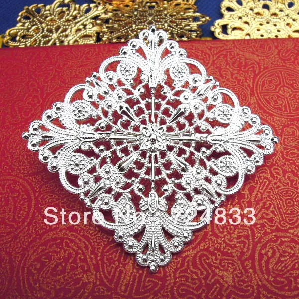 61mm Blank Brooch Bases Metal Filigree Square Flower Brooches Pins Back Settings Findings Silver