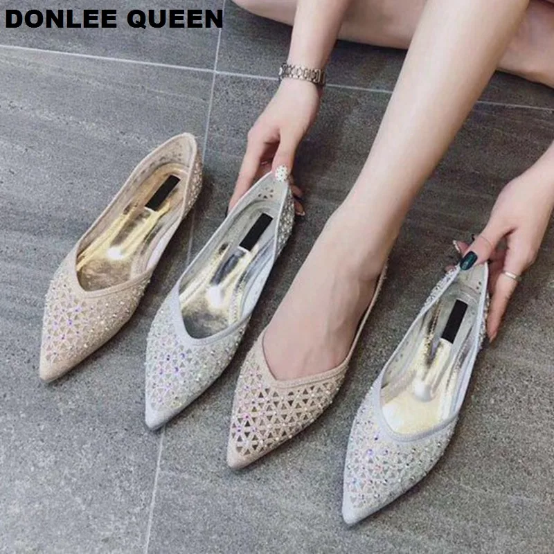 

2019 Autumn Mesh Flats Shoes Women Shallow Rhinestone Increased Pointed Female Shoes Bling Sequined Party Dress Shoes Chaussure