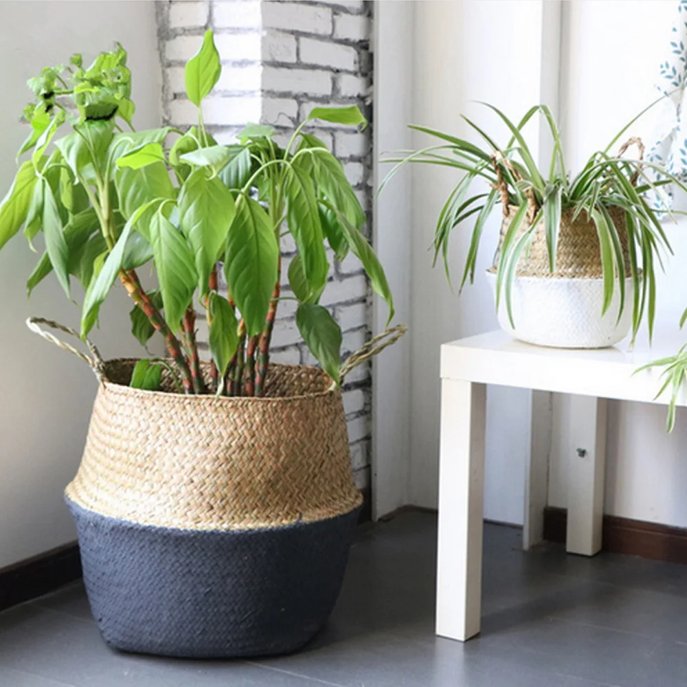 Garden Plant Flower Pot Handmade Rattan Storage Basket Foldable Seagrass Straw Hanging Woven Handle Toy Storage Container 1Pc