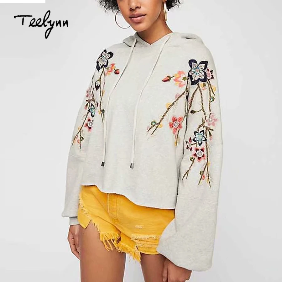 Teelynn boho Женщины с капюшоном трикотажные пуловеры сливы цветочной вышивкой