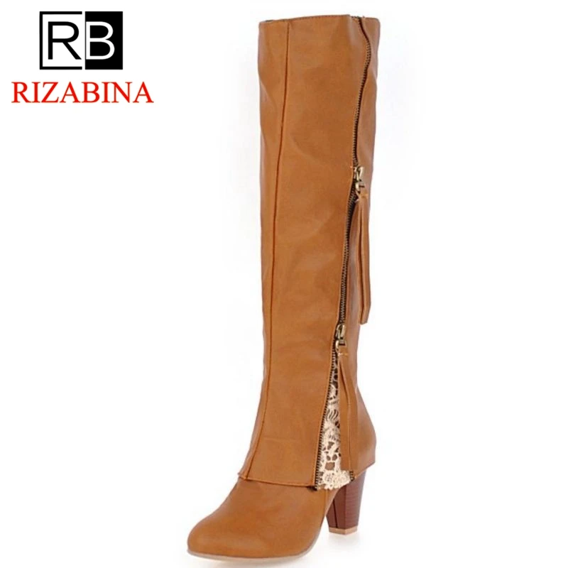 

RIZABINA Size 34-44 Women High Heel Boots Zipper Lace Round Toe Knee Boots Woman New Design Brand Women Winter Long Boots