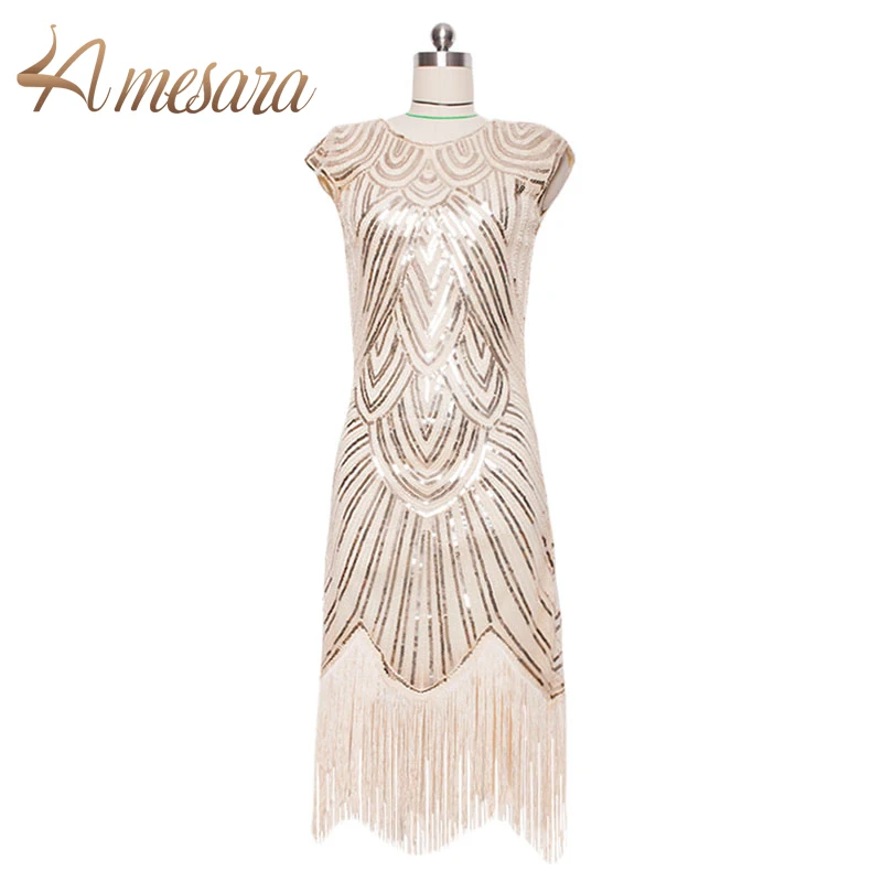 Women 1920s Fringed Great Gatsby Flapper Dress Retro Tassel Crochet Midi Party Dress--59002