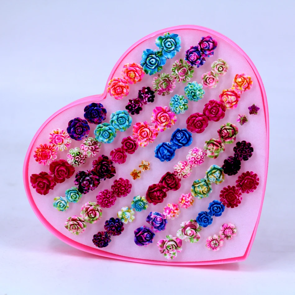

Factory Cheap Resin Colorful Plastic Flower Anti-allergy Ladies' Stud Earrings 36pair/box Packing Random Design and Color