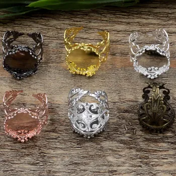 

Blank Open Ring Settings Round Crown Bezel Glass Cabochons Bases Filigree Flower Rings DIY Jewelry Findings Multi-color Plated