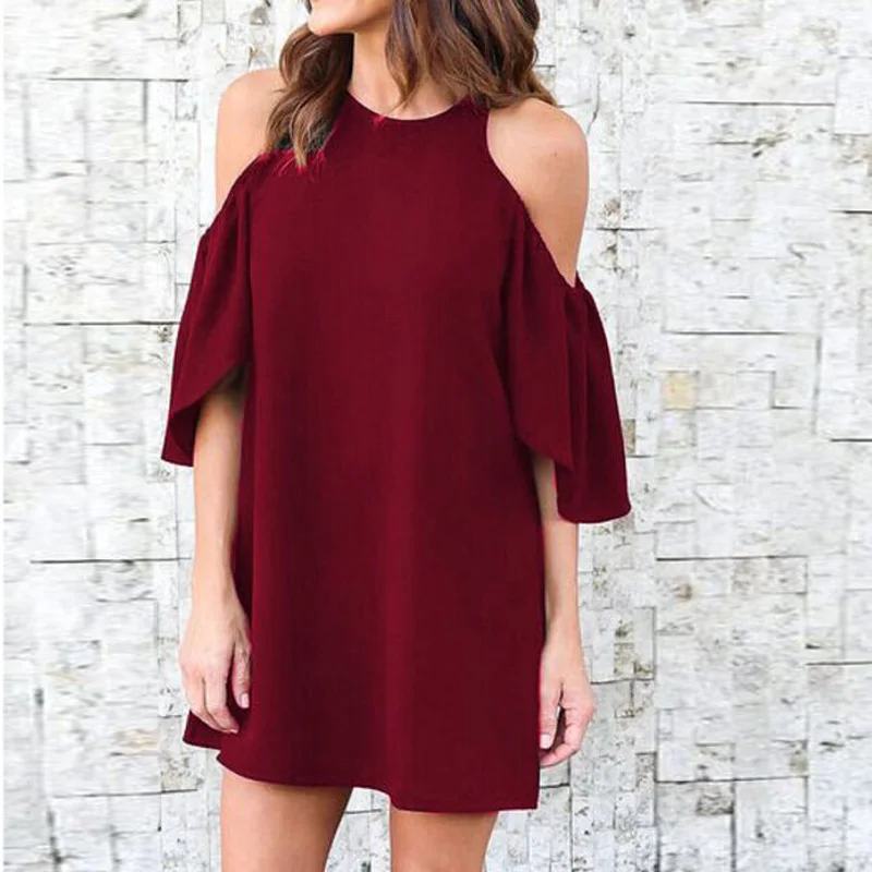 2019 Summer Explosions Women's Clothes Dress Solid Color O- Neck Strapless Short-sleeved Loose Casual Dress