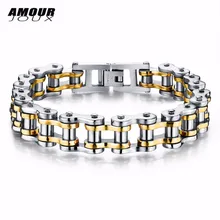 AMOURJOUX рок мотоцикл полоса золото/черная сталь Байкерская цепь браслеты для мужчин широкий мужской 316L нержавеющая сталь браслет