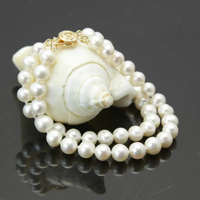 

New 2 rows 7-8mm white freshwater cultured pearl bracelet 7.5"