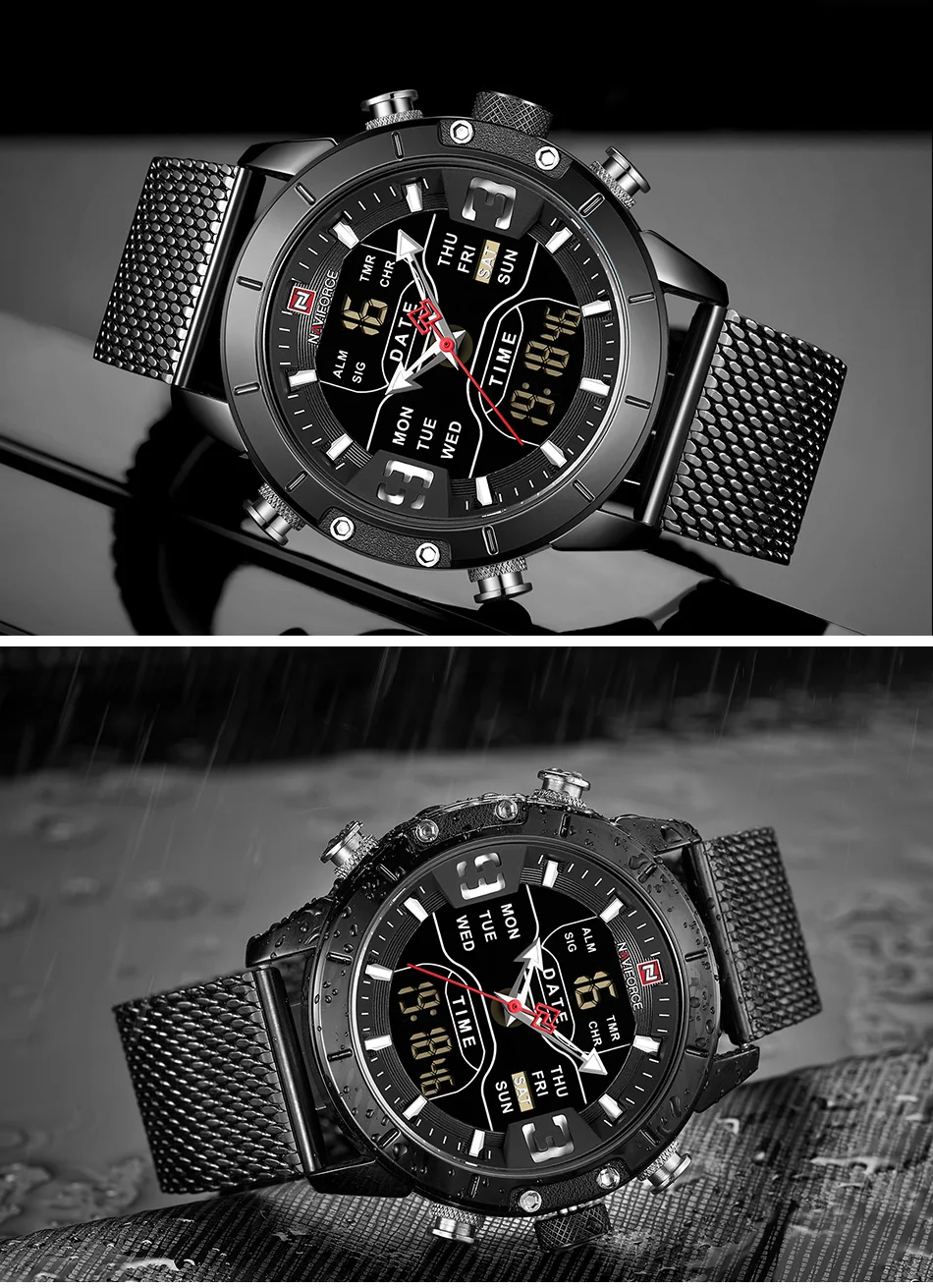 NAVIFORCE часы Топ люксовый бренд мужские военные кварцевые наручные часы из нержавеющей стали сетчатые спортивные часы аналогово-Цифровые мужские часы