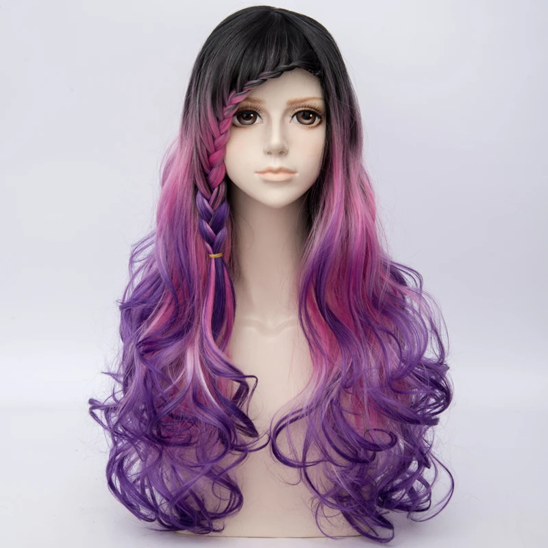 Loltia Black Mixed Purple 68CM Long Curly Braid Celebrity Cosplay Wig