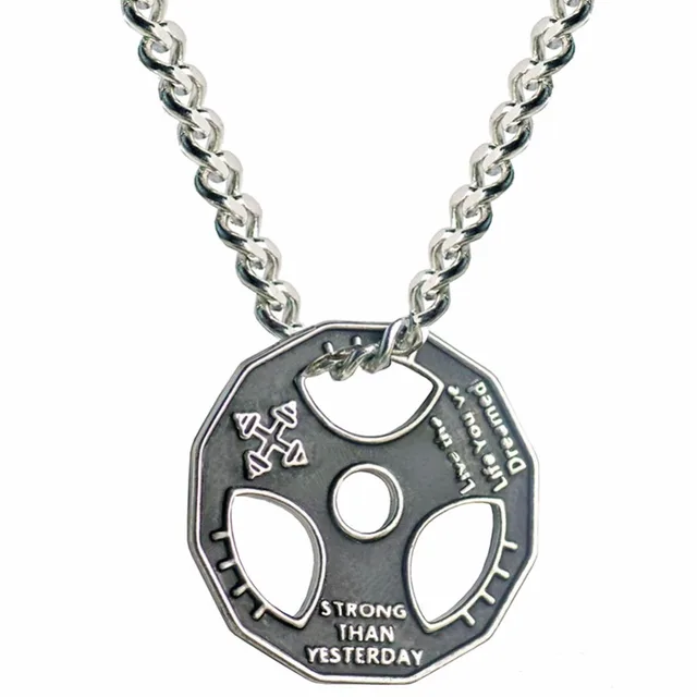 Stainless Steel Fitness Gym Weight Plate Motto Pendant Necklace