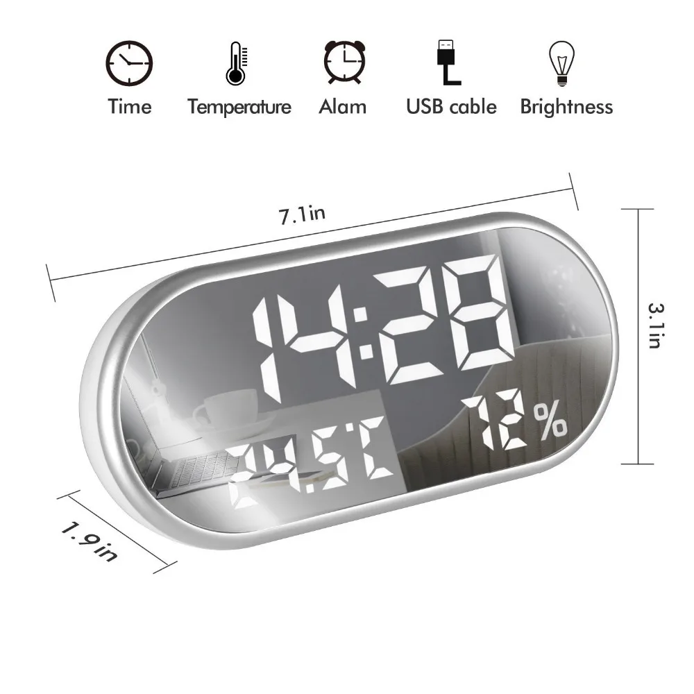 Best Digital Alarm Clock Portable Mirror HD LED Display with Time Humidity Temperature Display Function USB Port Charging