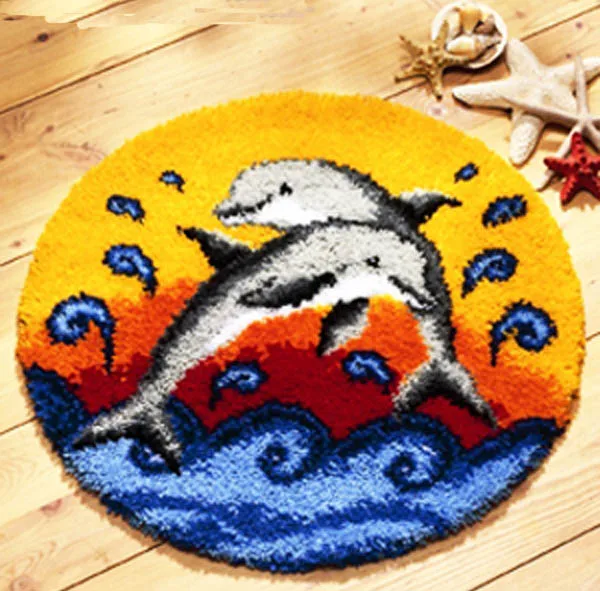 

JCS Two fish Hook Rug Kit DIY Mat Needlework Kit Unfinished Crocheting Rug Yarn MAT Embroidery Carpet