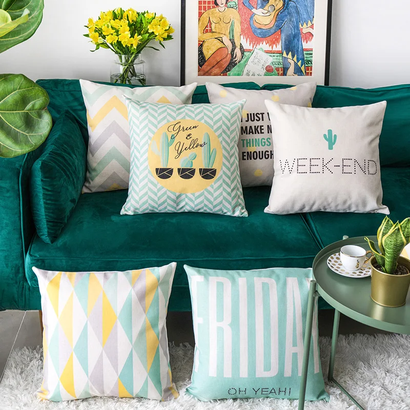

Yellow Green Cactus Geometric Pillow Cover Grey Cushion Cover Throw Pillow Home Decor Pillowcase Decorative Pillowsham