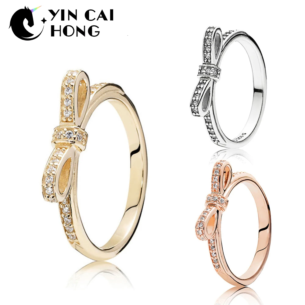 

YCH 100% 925 Sterling Silver 1:1 Original SPARKLING BOW Gemstone Ring Rose Gold 14K Gold Women's 150175CZ 180906CZ 190906CZ