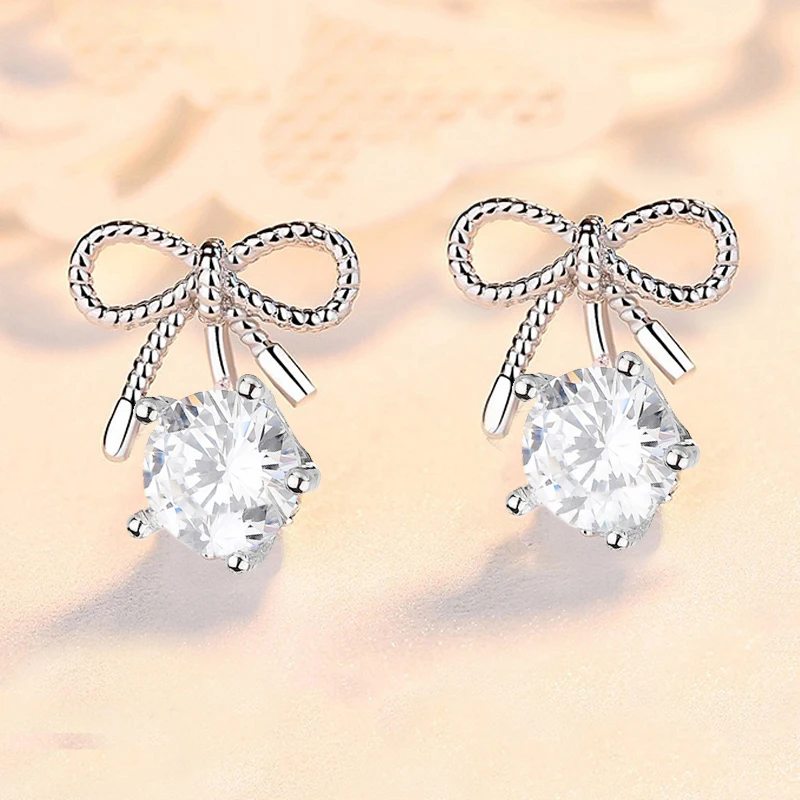

Luxury Cubic Zirconia Crystal Ear Zircon Stud Earrings For Women Round Sweet Cute Bow-knot Charm Stud Earrings Women