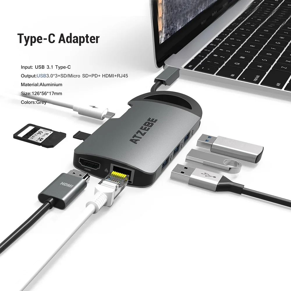 

USB C Hub 8-in-1 USB C to HDMI RJ45 Thunderbolt 3 Adapter for MacBook Samsung Galaxy S10 Huawei Mate 20 P20 Pro Type C USB Hub