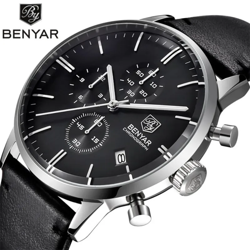 

BENYAR Top Luxury Brand Men Business Watches Chronograph Waterproof Quartz Analog Watch Leather Male Clock Relogio Masculino