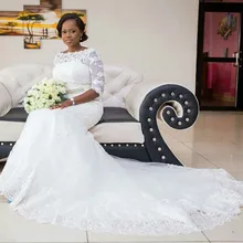 New Arrival Mermaid Wedding Dress 2017 African O Neck Half Sleeve Beaded Appliqued Bridal Gowns vestido de novia