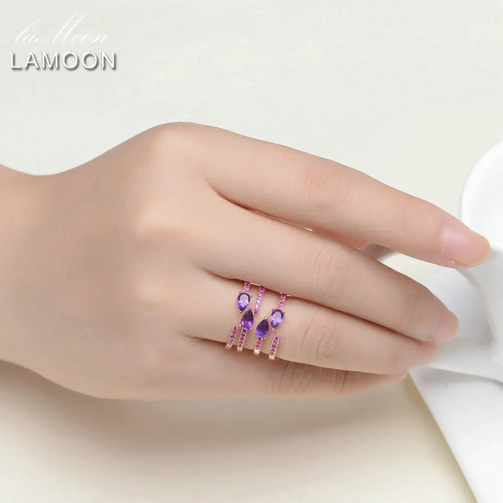 LAMOON 4 Pieces 5x3mm 100% Natural Amethyst 925 Sterling Silver Ring Cocktail Jewelry Purple Gift Girlfriend LMRI042