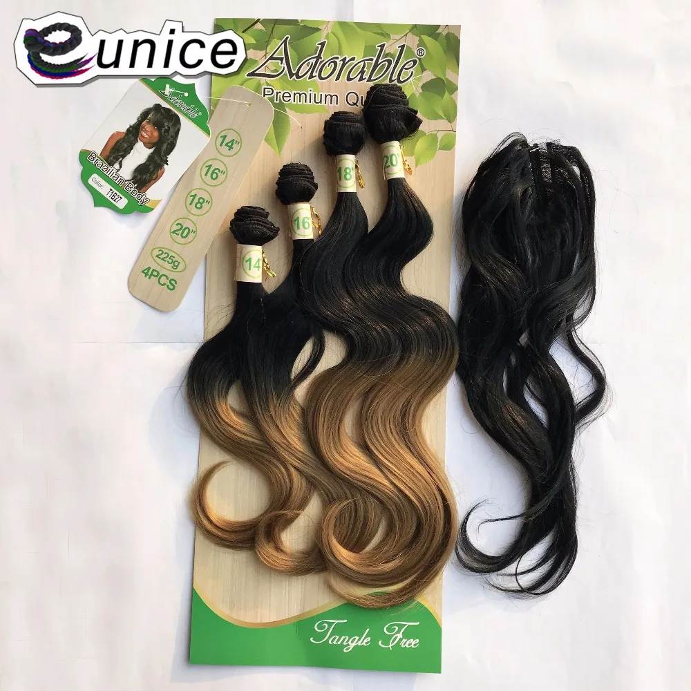 

EUNICE 4Bundles Natural Black Body Wave With Closure Synthetic Weaving Package For Head Wearing 14 16 18 20inch 225Gram