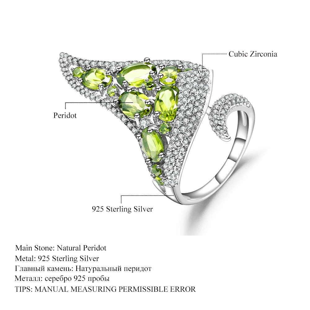 Gem балетки 4.43Ct натуральный камень хризолит открытый палец кольцо 925 пробы Щепка Винтажное кольцо Для панка для Для женщин, хорошее ювелирное изделие