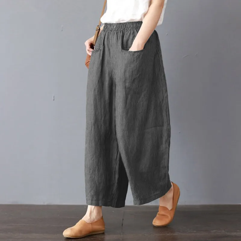 Модные женские полосатые широкие брюки женские повседневные свободные эластичные талии широкие льняные хлопковые брюки женские брюки