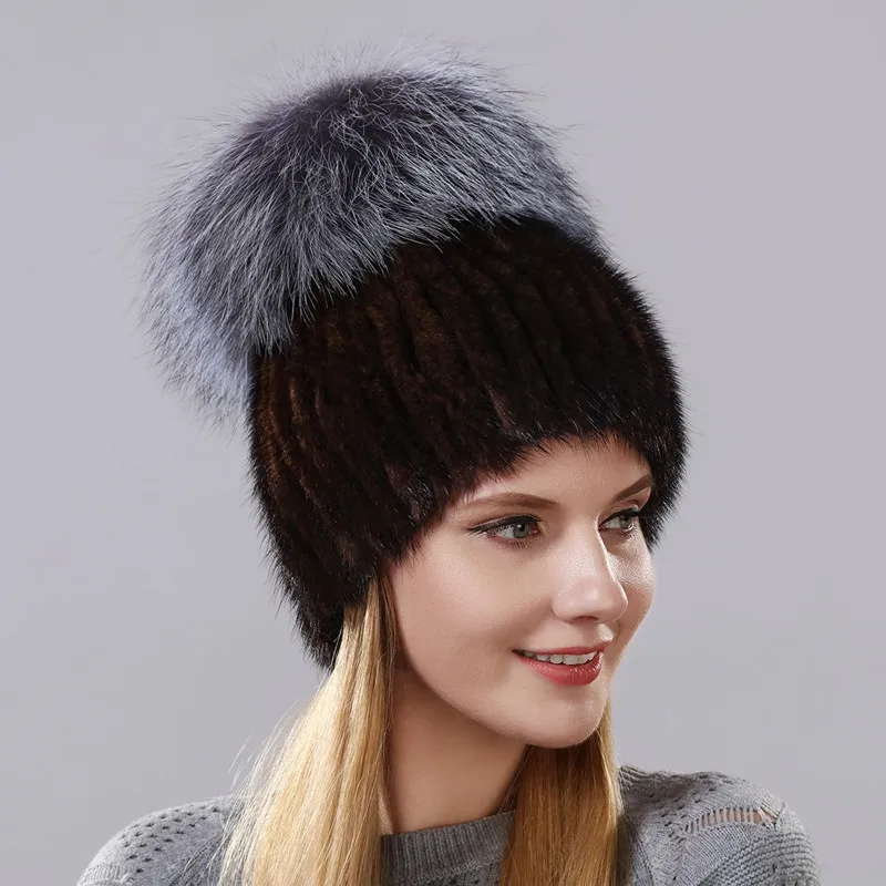 

New Style Winter Hat For Women Natural Mink Fur Cap High Quality With Fox Fur And Small Leather On The Top Ladies' Skullies Hat