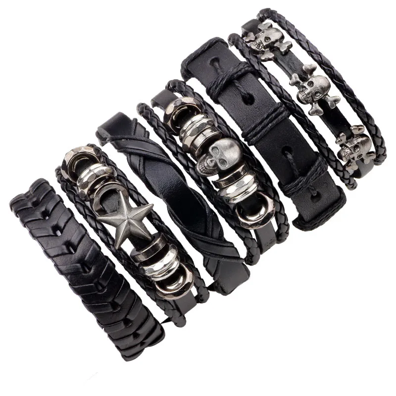 5 шт. панк рок черный ручной работы плетеный браслет обертывание кожаный браслет и браслет для мужчин женщин женский браслет ювелирные изделия - Окраска металла: b