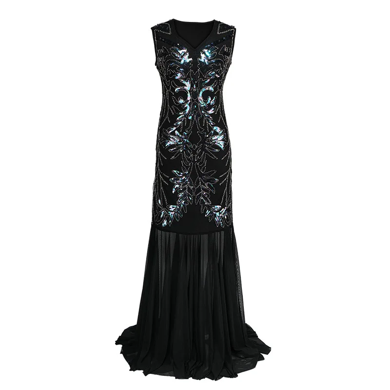 Винтажное 1920s длинное торжественное платье без рукавов с цветочной вышивкой и блестками, вечернее платье, сексуальное Макси платье русалки, вечерние платья для девушек