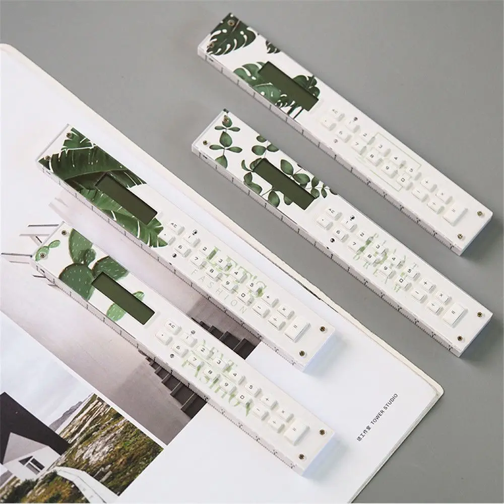 Novelty Green Plants Ruler Calculator Multifunction Straight Precision Measuring Tool Office School Supplies Kawaii Stationery