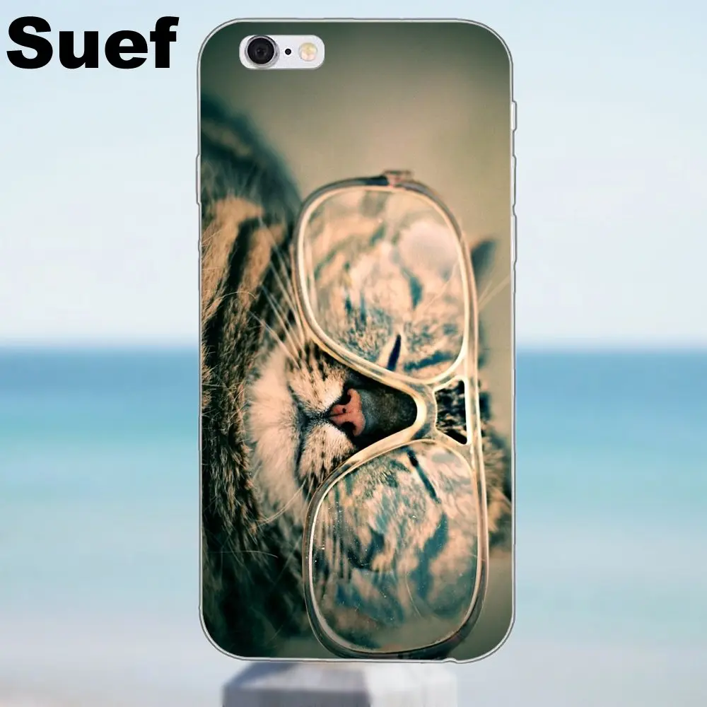 Suef Мягкий ТПУ дизайн кошка с очками для iPhone 4 4S 5 5S 5C SE 6 6S 7 8 Plus X Samsung Galaxy A3 A5 J1 J3 J5 J7 2016