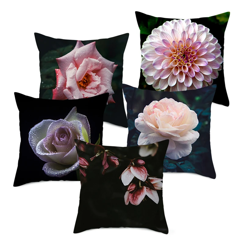 

Fuwatacchi Black Background Flower Printing Cushion Cover Rose Throw Pillowcase For Home Sofa Decorative Pillows Cover 45*45