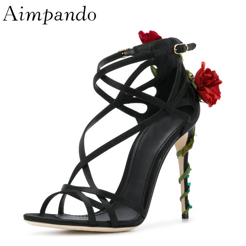 

Handmade Rose Vines Gladiator Sandals Women Cross Strappy Flower Decor Narrow Band Thin Heel Summer Shoes