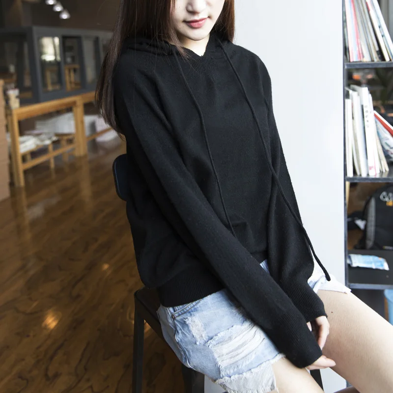 2019 Spring and Autumn New Loose Knit Pullover Quality Hooded Women Cashmere Sweater Solid Color Hooded Wool Sweater Coat D190