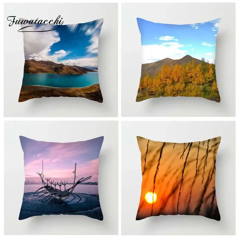 

Fuwatacchi Scenic Printed Cushion Cover Sunset Ocean Lake Forest Pillow Cover Hot Air Balloon Decorative Pillowcase for Home Car