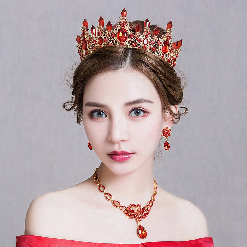 

Vintage Baroque Red Rhinestone Queen Tiara Crown Wedding Bridal Jewelry Set Beaded Swan Design Necklace Pendant Earrings Bijoux