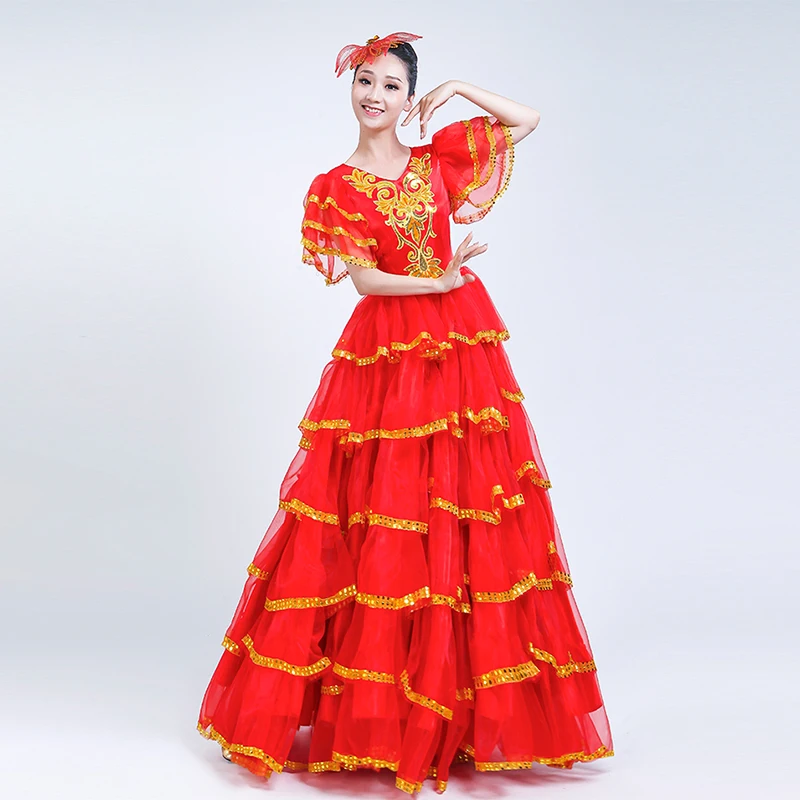 Современный цыганский стиль размера плюс, Женская испанская юбка для фламенко, костюмы для танца живота, платье с оборками, командное представление, DL3479
