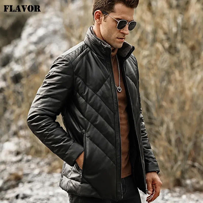 

FLAVOR Men's Real Leather Down Jacket Men Genuine Lambskin Winter Warm Leather Coat with Removable Standing Sheep Fur Collar