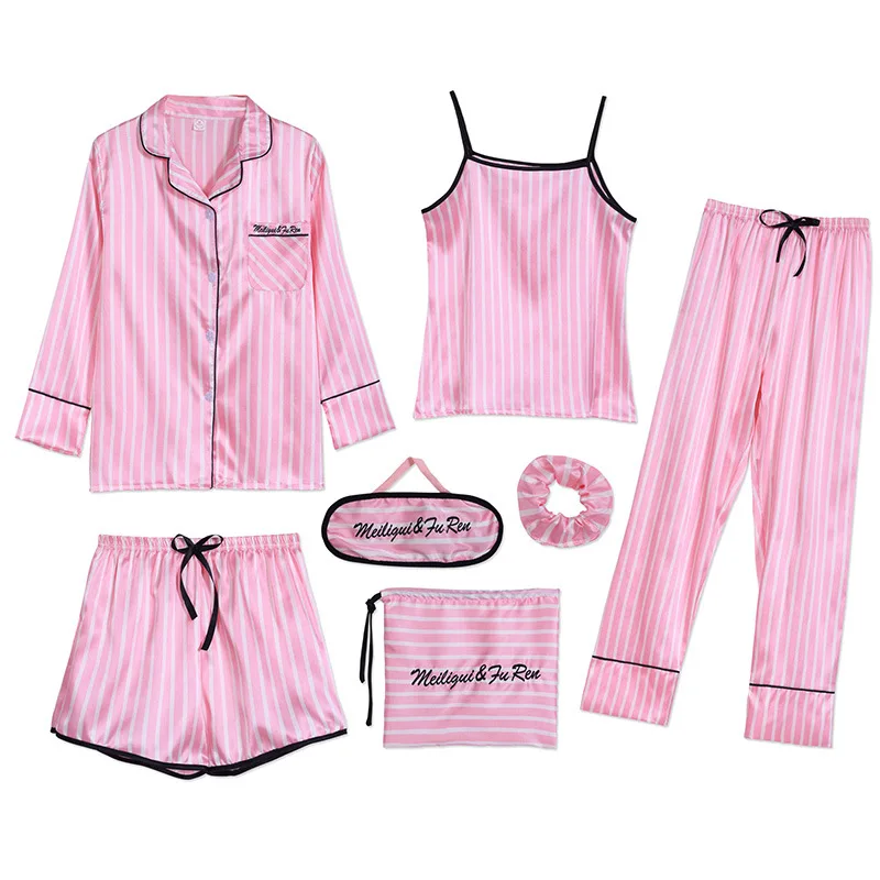 Strap Sleepwear Pyjamas Women's 7 Pieces Pink Pajamas Sets Satin Silk Lingerie Homewear Set Pijamas For Woman | Женская одежда